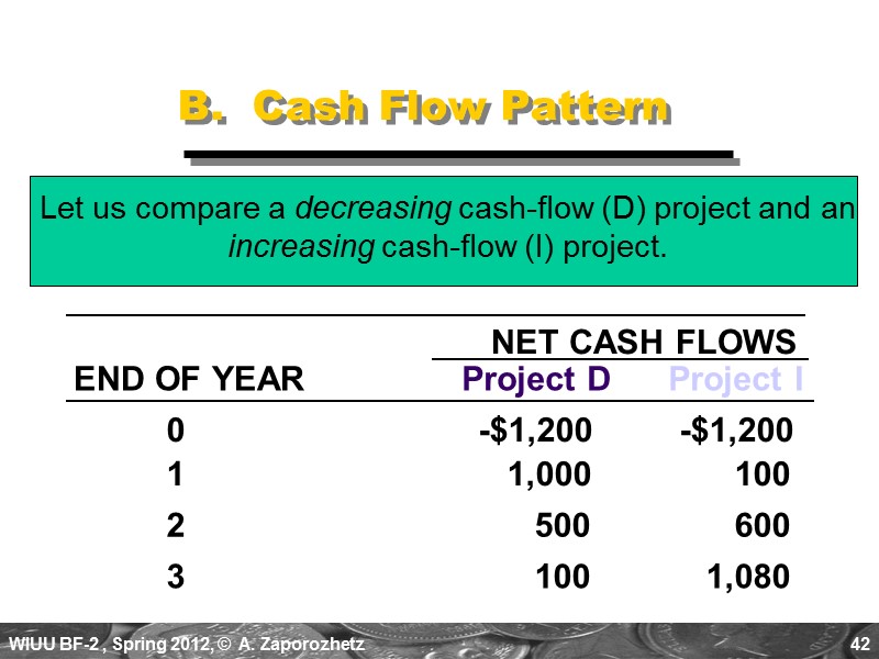 42 B.  Cash Flow Pattern Let us compare a decreasing cash-flow (D) project